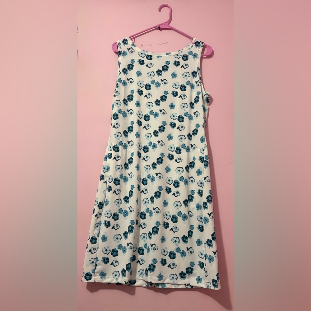 ⭐️Columbia White Sleeveless Floral A-Line Dress with Teal Flowers